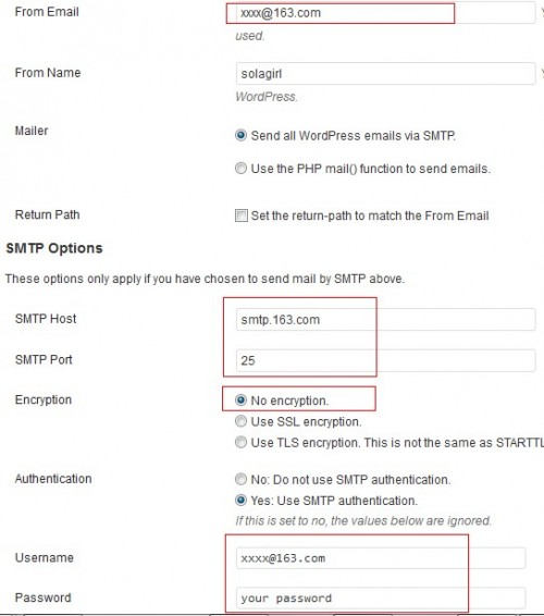 使用163发送WordPress邮件的配置图