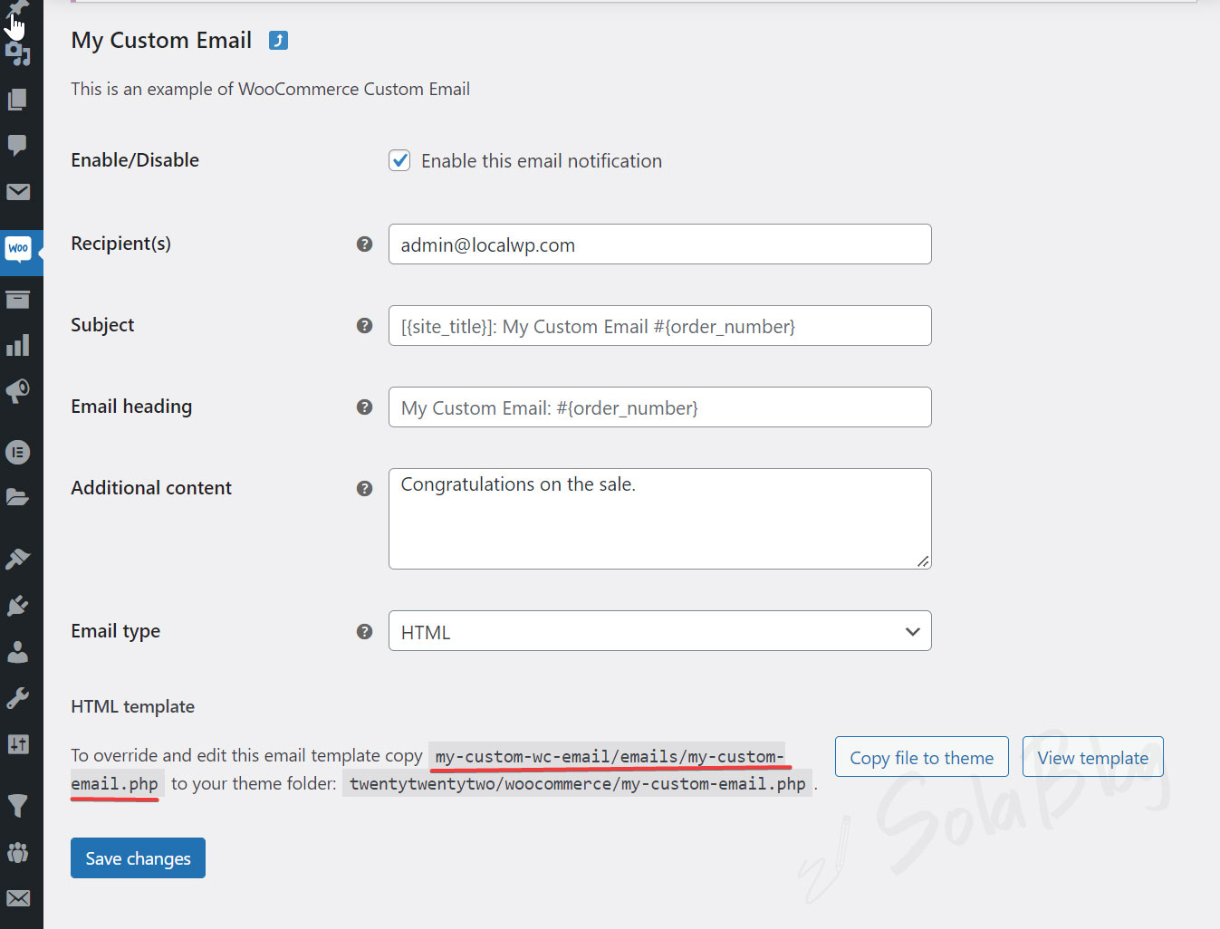 solablog:WooCommerce自定义邮件的设置界面